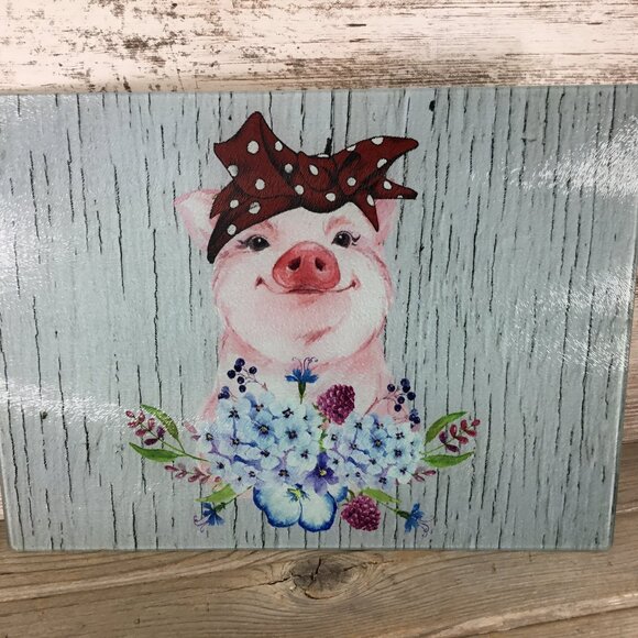 OOPS - Blue Flowers Bandana Pig Glass Cutting Board - Picture 1 of 10